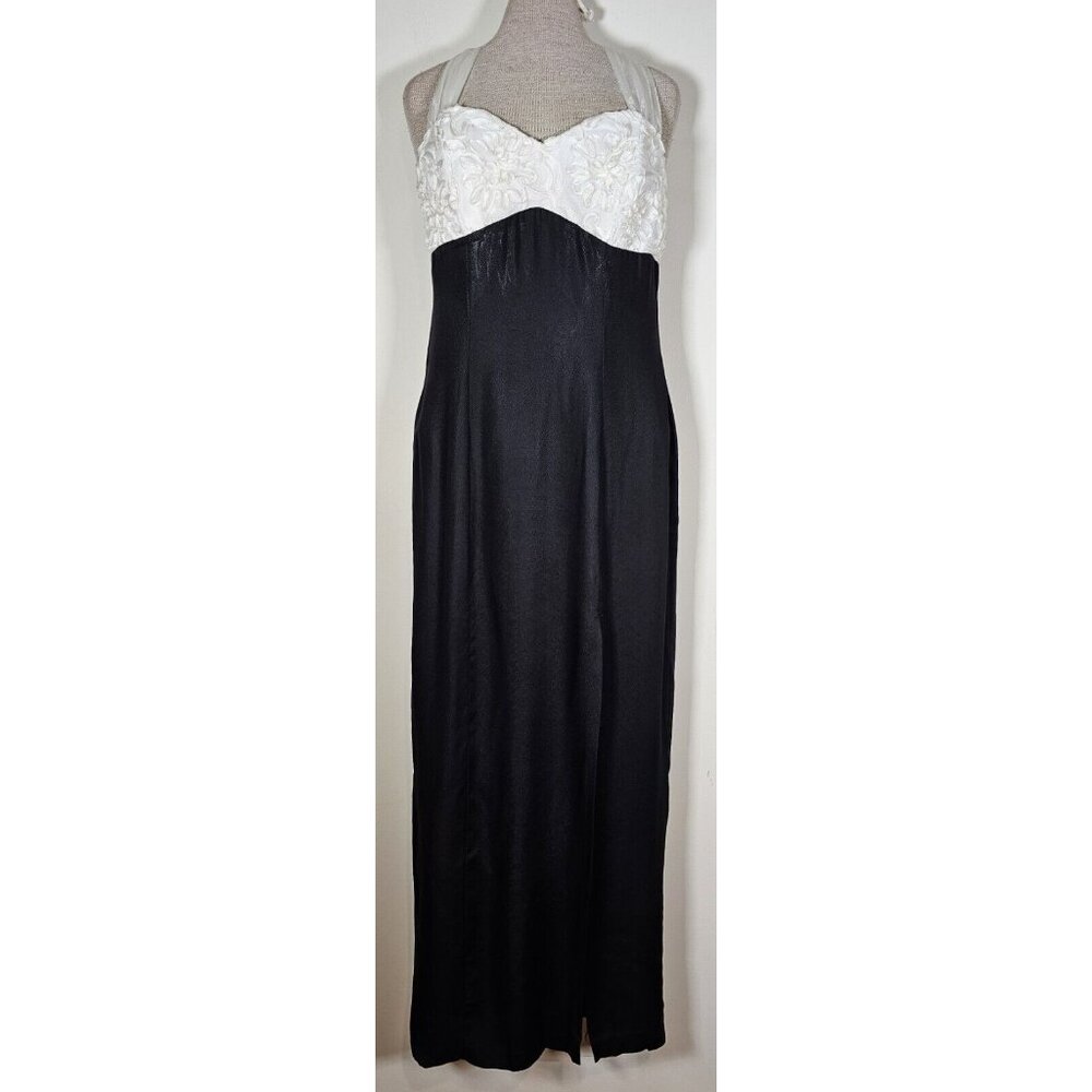 Vintage Zum Zum Size 7 / 8 Black Crepe White Ribbon Long Sheath Dress  Prom